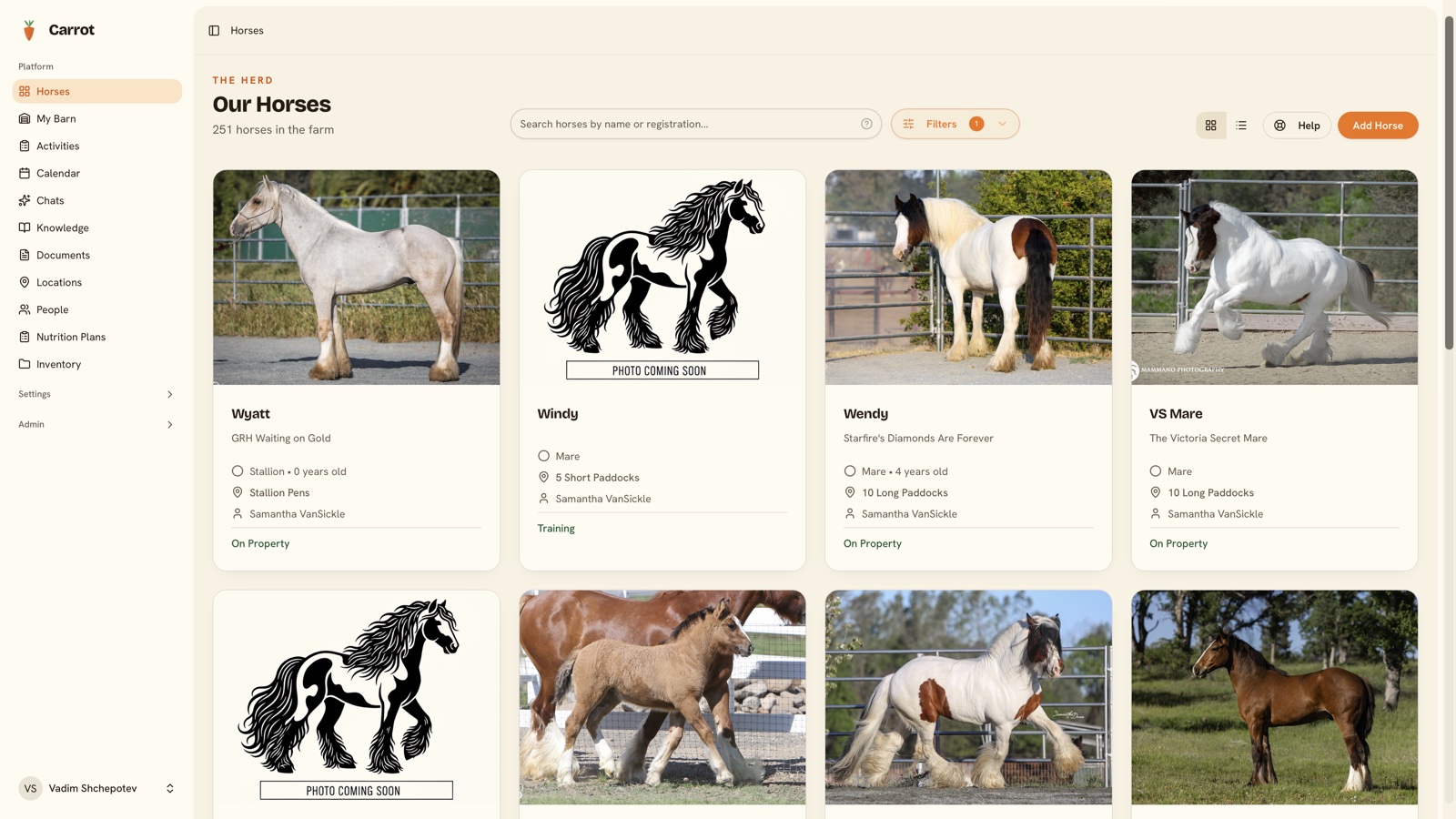 The CarrotOnTheHorse barn view listing every horse with photo, status and care details