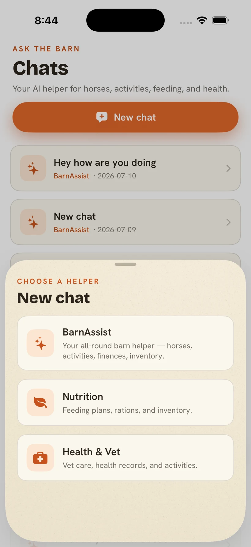 CarrotOnTheHorse mobile app showing BarnAssist, Nutrition, and Health & Vet helpers