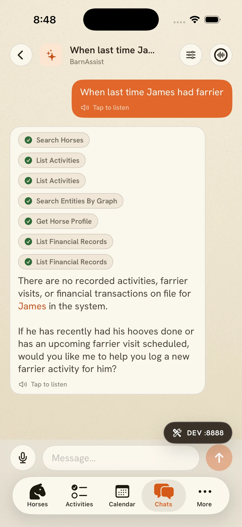 CarrotOnTheHorse BarnAssist answering a spoken question about a horse's farrier history
