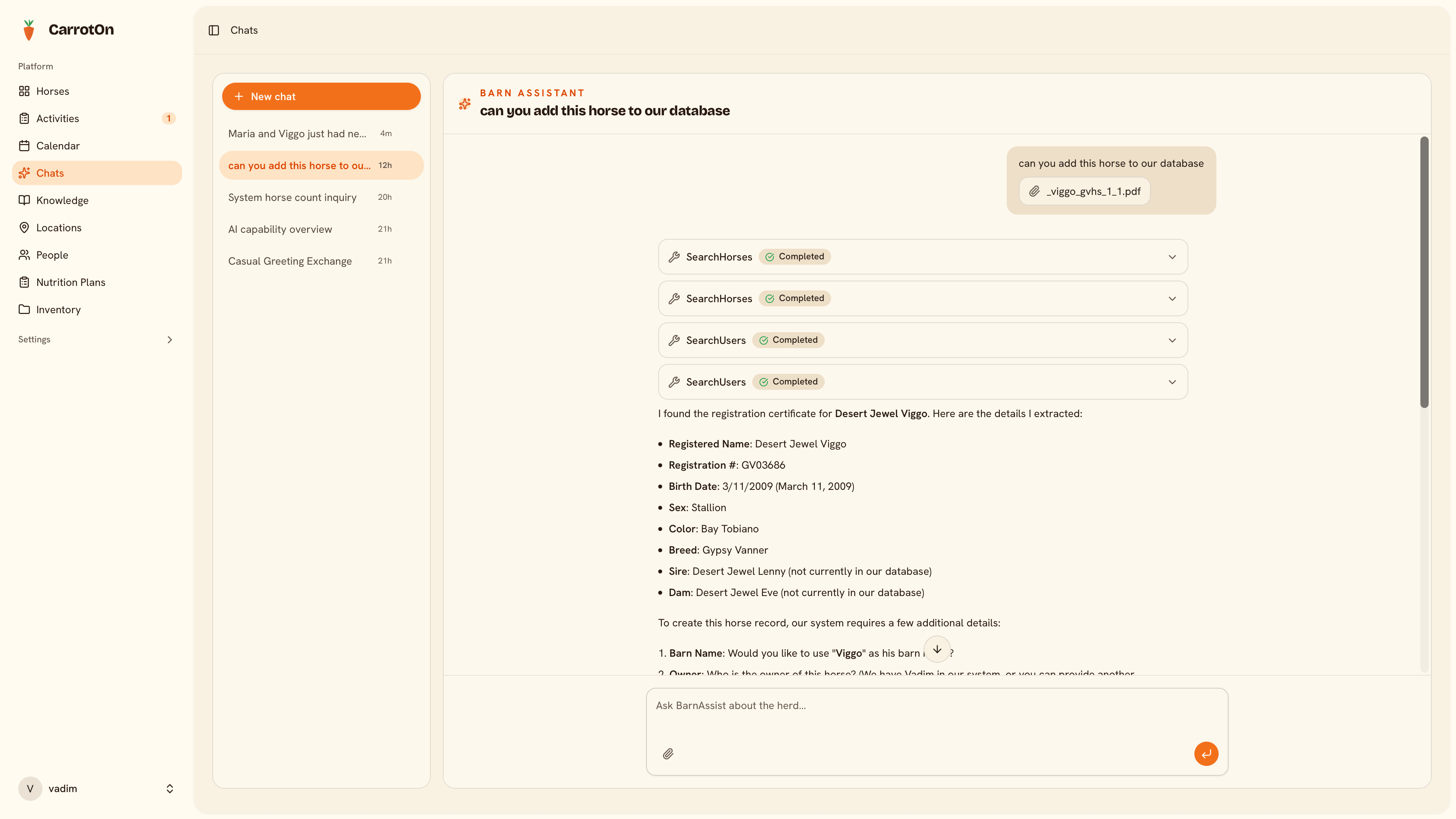 The CarrotOnTheHorse assistant reading an uploaded registration certificate and extracting the horse's details